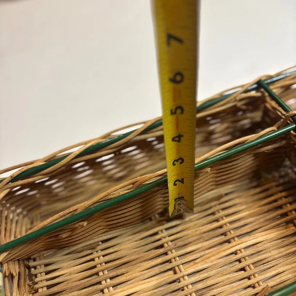 Wicker Utensil Caddy Green Ceramic Handles 4 Compartments Picnic Cottagecore